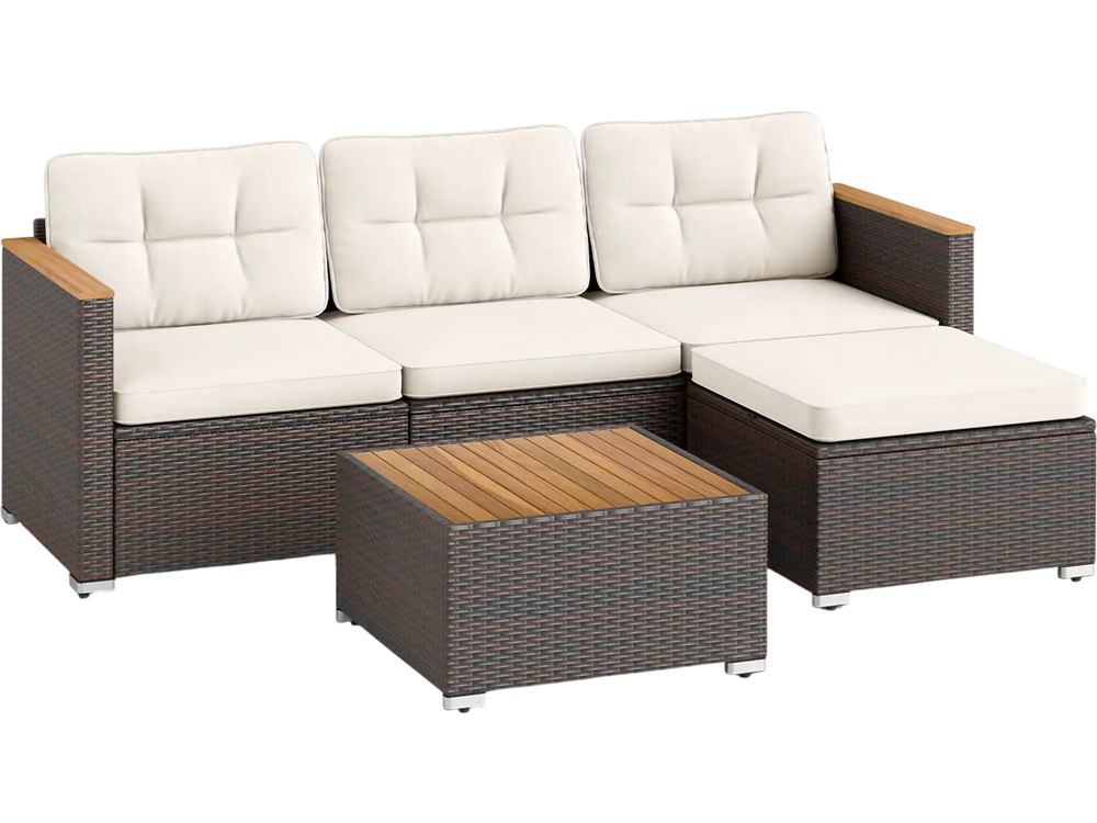 5-piece wicker conversation set with white cushions, acacia wood accents, and a coffee table for stylish outdoor.