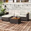 5-piece wicker conversation set with white cushions and acacia wood tabletop, perfect for outdoor patio relaxation.