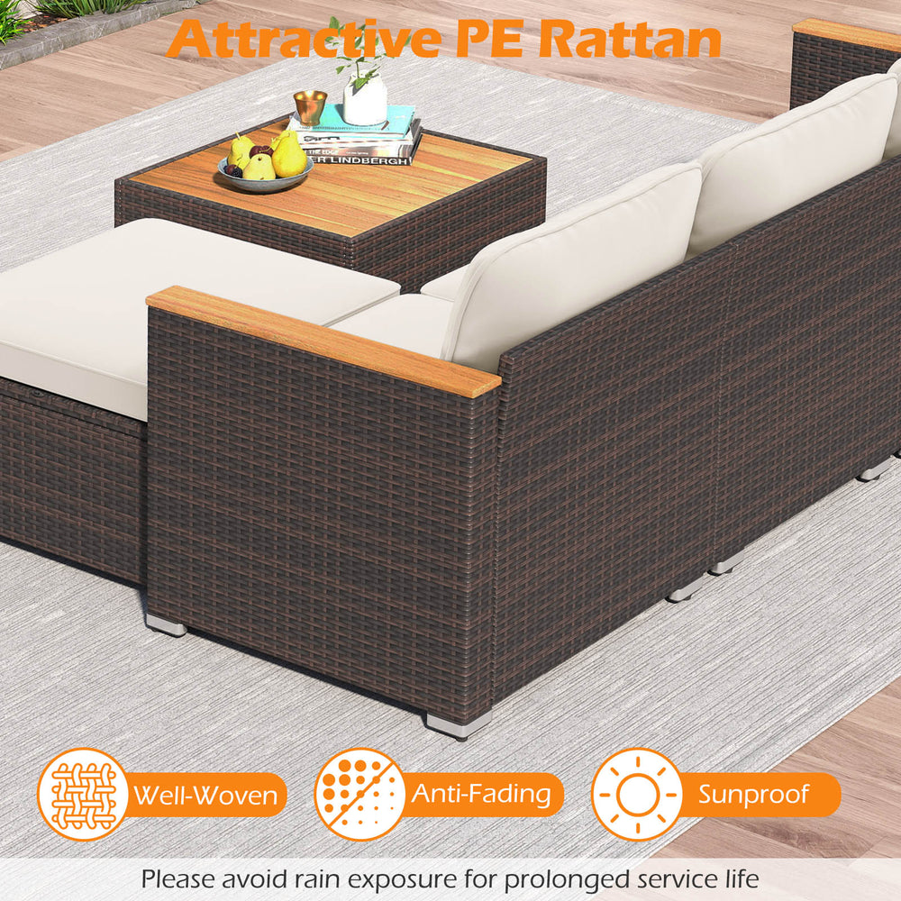 5-piece wicker conversation set featuring anti-fading PE rattan, cushioned seats, and acacia wood tabletop for outdoor.