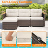 5-piece wicker conversation set featuring white cushions, acacia wood armrests, and a coffee table for outdoor.