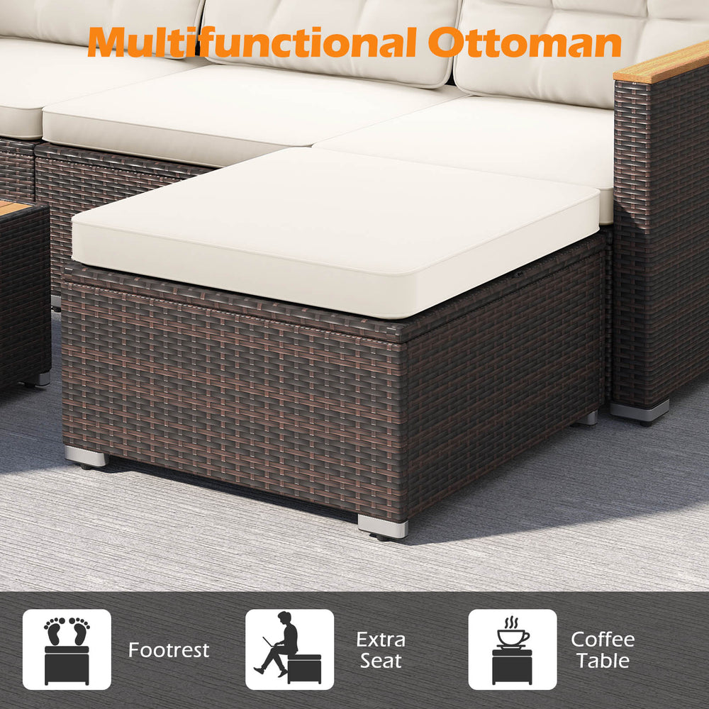 Multifunctional ottoman from the 5-piece wicker conversation set, serving as a footrest, extra seat, or coffee table.