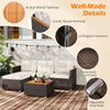 5-piece wicker conversation set featuring acacia wood tabletop, cushioned seats, and adjustable foot pads for patio.