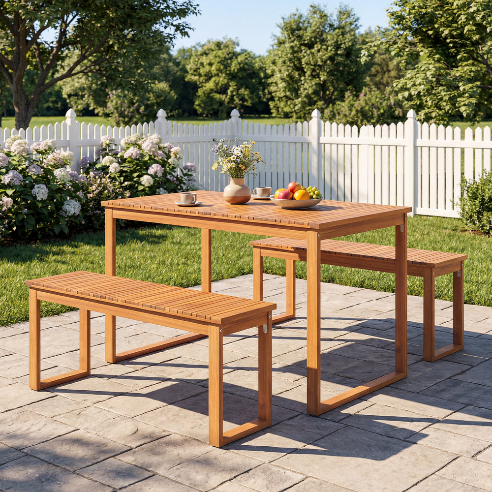 Rustic acacia wood dining table with slatted design, ideal for outdoor settings like patios, gardens, and balconies.