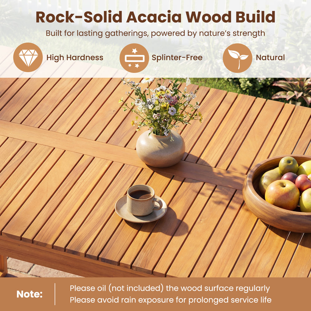 Close-up of the slatted surface of an outdoor acacia wood dining table, showcasing its splinter-free finish and rustic.