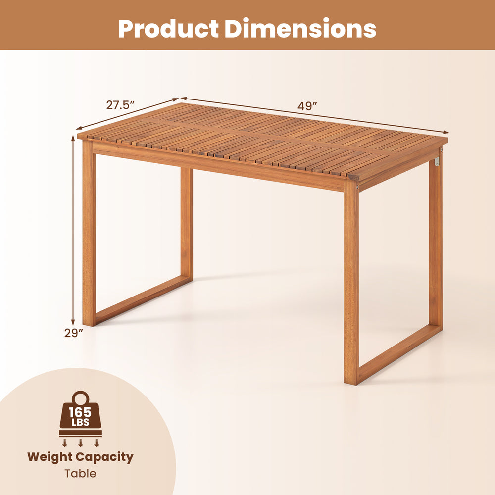 Acacia wood dining table with slatted tabletop, 49" x 27.5", suitable for outdoor patio and garden use.