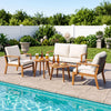 5-piece acacia wood patio furniture set with white cushions, perfect for backyard relaxation by the poolside.