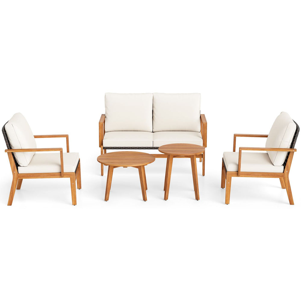 5-piece acacia wood patio furniture set with white cushions, featuring a loveseat and two chairs for outdoor relaxation.