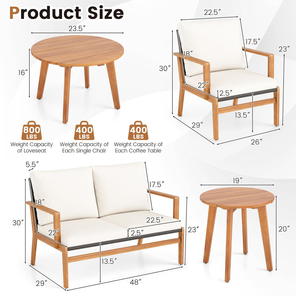 Acacia wood patio furniture set featuring two chairs, a loveseat, and two round coffee tables for outdoor relaxation.