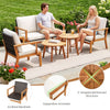5-piece acacia wood patio furniture set with white cushions, featuring inclined backrests and supportive armrests for comfort.