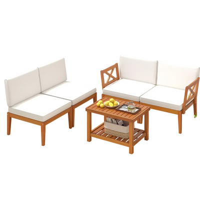 Costway 5-Piece Acacia Wood Patio Sectional Conversation Set w/ Cushions Off White 37298564 New