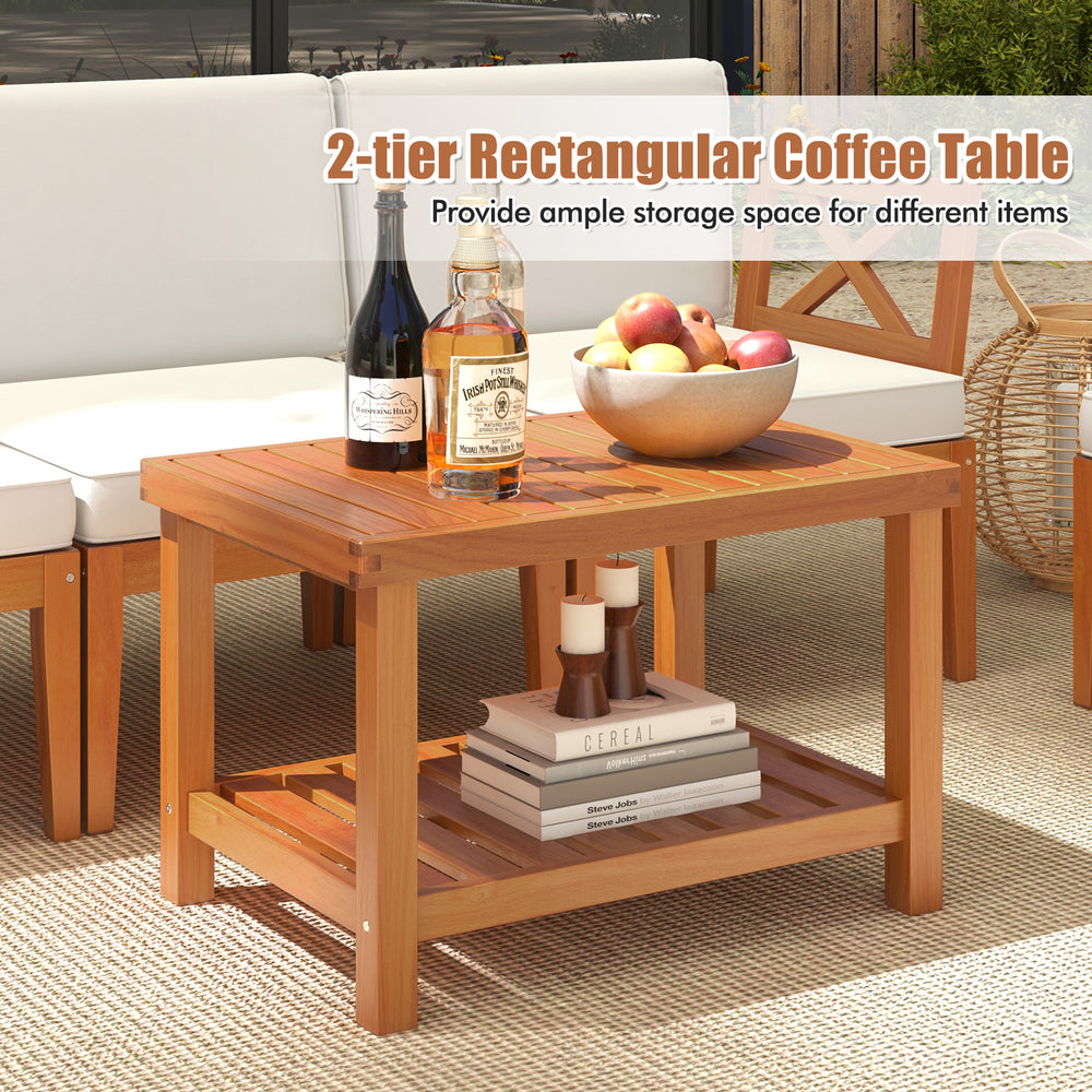 2-tier rectangular coffee table made of acacia wood, offering ample storage for outdoor items in a patio setting.
