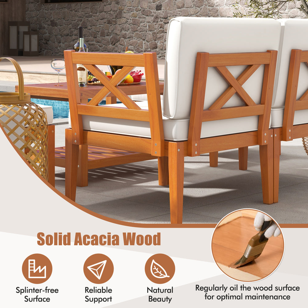 Acacia wood patio sectional set with off-white cushions, featuring a splinter-free surface for outdoor comfort.