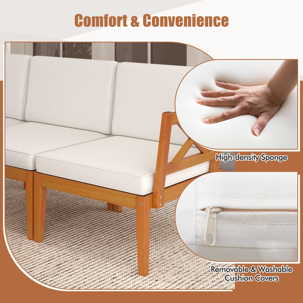 Acacia wood patio sectional set with off-white cushions, featuring removable covers for easy cleaning and comfort.