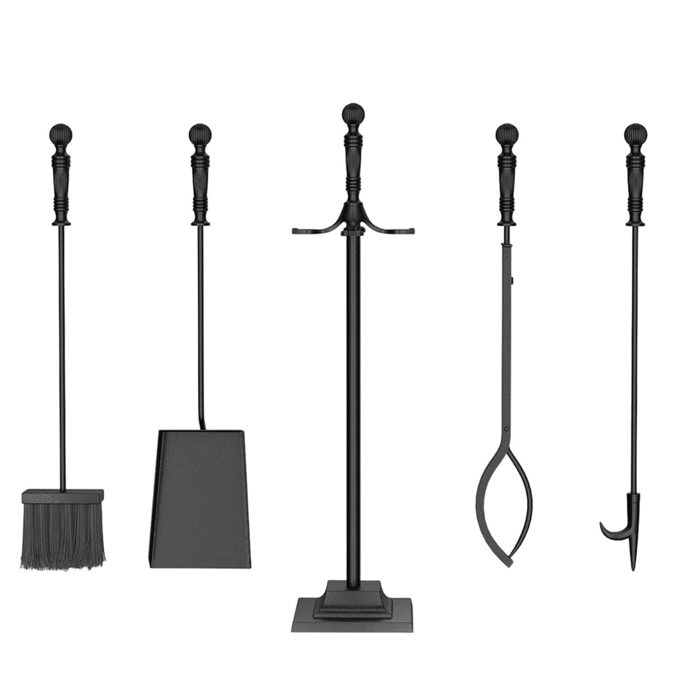 Side view of a complete 5-piece fireplace tool set with aluminum handles, showcasing ergonomic design and elegant.