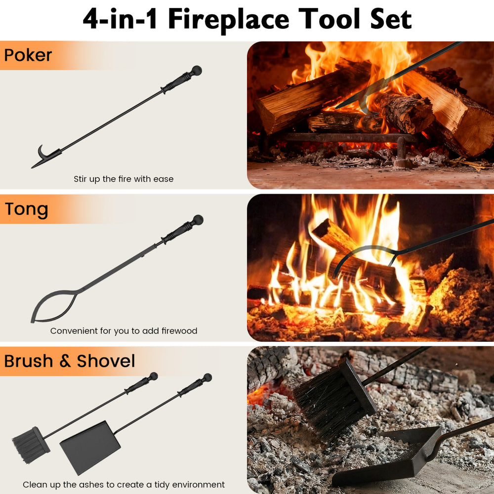5-piece fireplace tool set with aluminum handles, including poker, tongs, shovel, and brush for indoor and outdoor use.