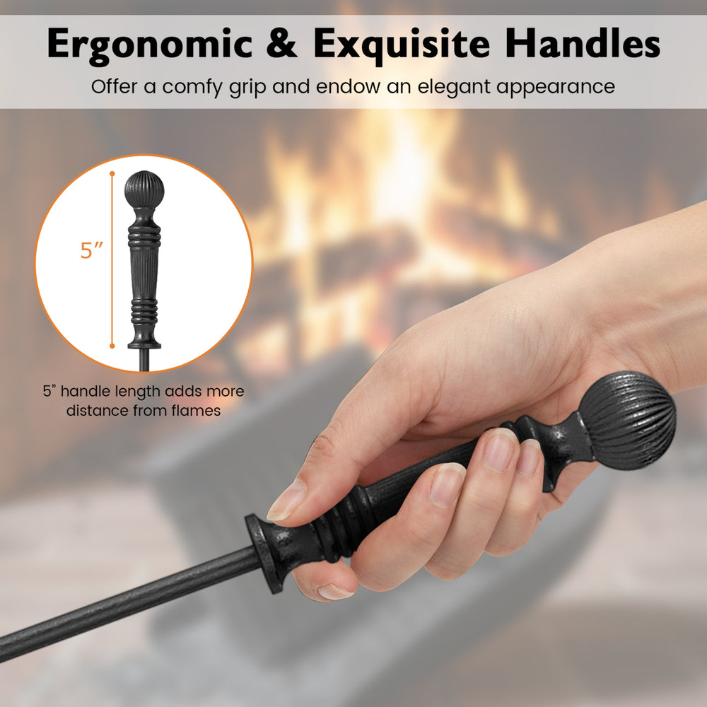 Close-up of a 5-inch ergonomic handle from a fireplace tool set, designed for comfort and safety from flames.