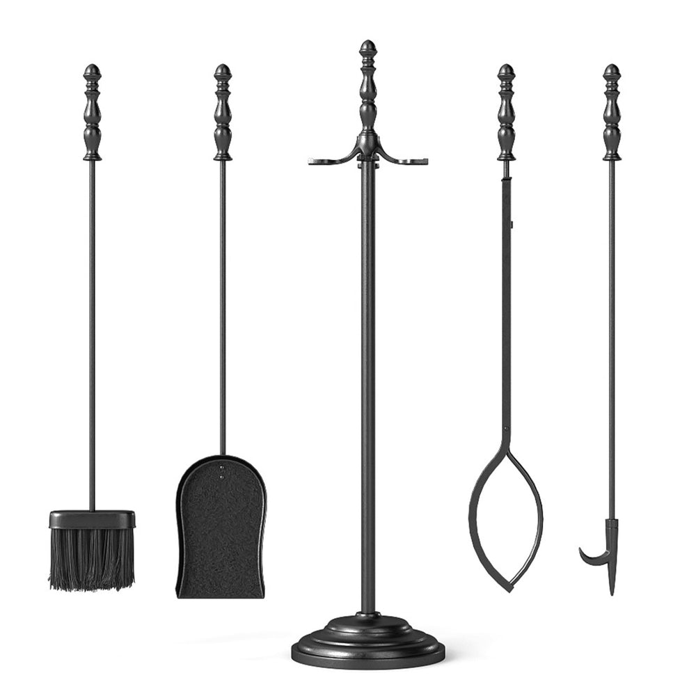 5-piece fireplace tool set with poker, tongs, shovel, and brush on a round stand for efficient fireplace management.