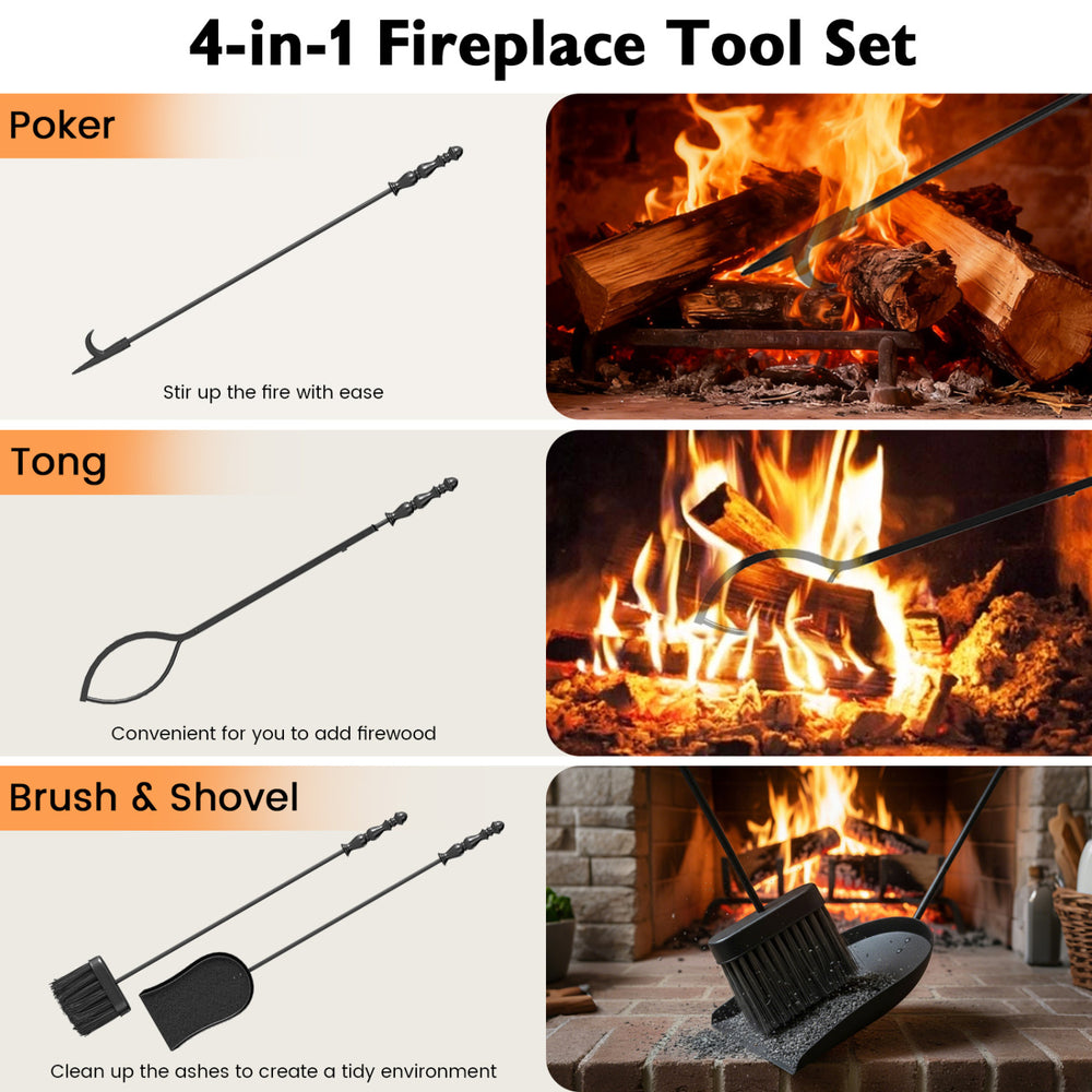 5-piece fireplace tool set featuring poker, tongs, brush, and shovel with ergonomic handles for safe and easy use.