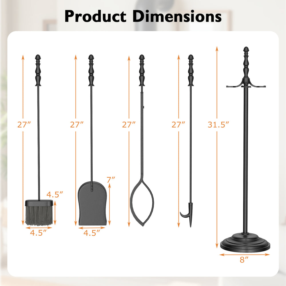 5-piece fireplace tool set including poker, tongs, brush, and shovel with ergonomic handles for safe and easy use.