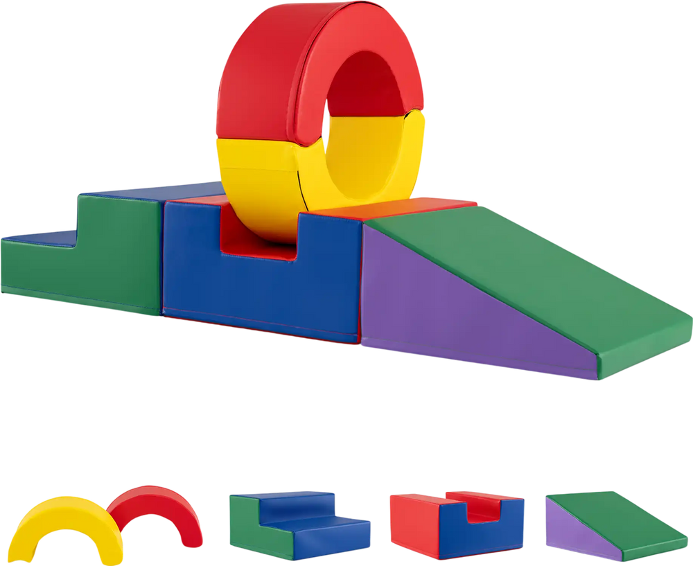 Colorful 5-piece kids climbing toy set with PU leather cover for creative play, sliding, and climbing activities.
