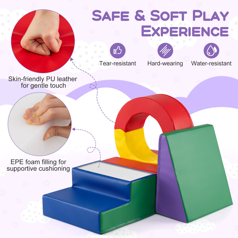 Multicolor kids climbing toys set featuring PU leather cover and EPE foam filling for safe, supportive play.