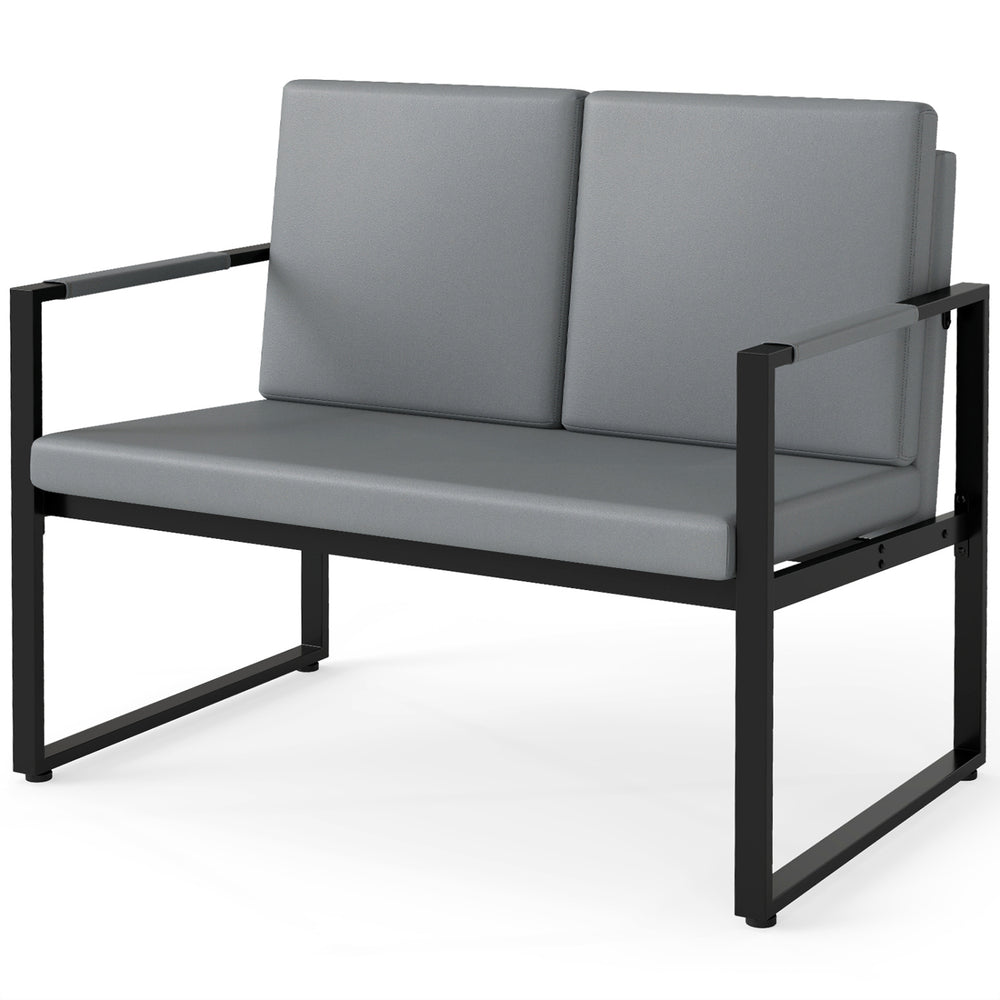 Gray 2-seater sofa with removable back pillows and solid metal frame, perfect for small living rooms or office lounges.