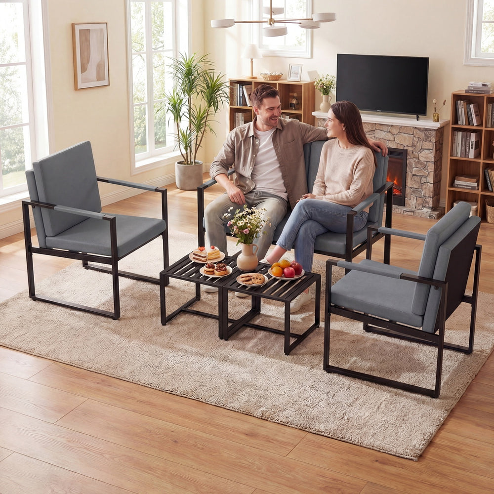 5-piece living room set featuring 2 accent chairs and 2 coffee tables in gray, perfect for small spaces and modern.