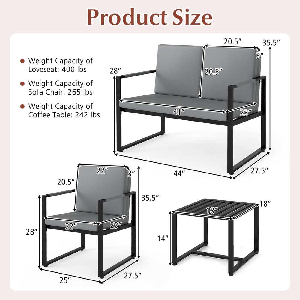 Product size chart showing dimensions for 5 Pieces Living Room Set with 2 Accent Chairs and 2 Coffee Tables in gray.