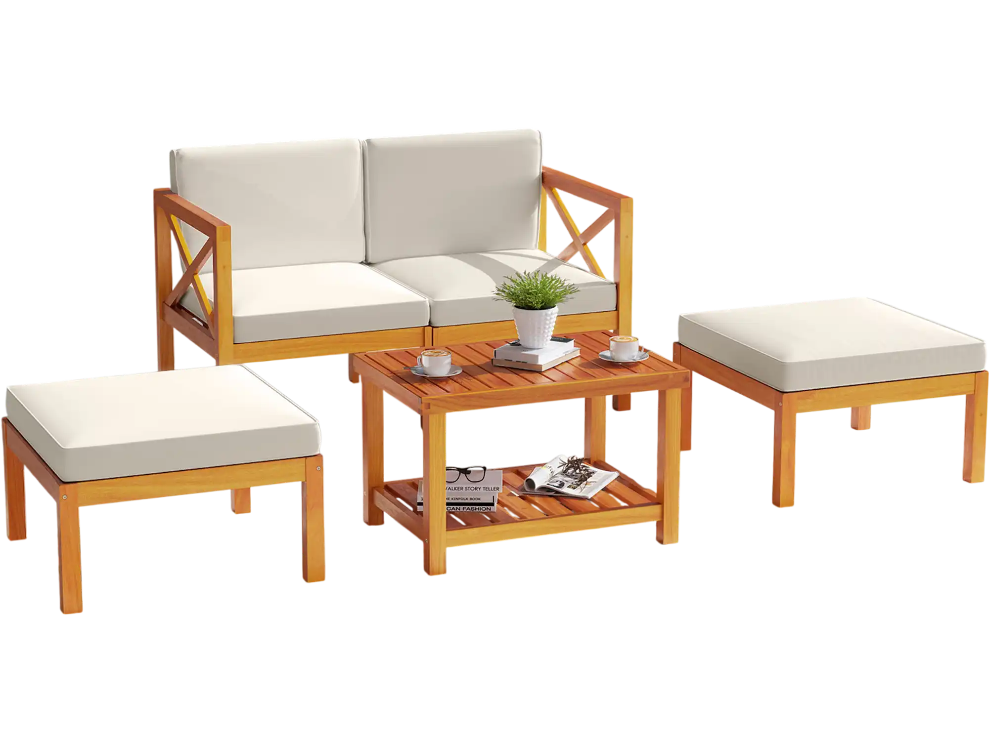 Costway 5-Pc Acacia Wood Patio Lounge Chair Set w/ Ottomans & Cushions White 31682975 New