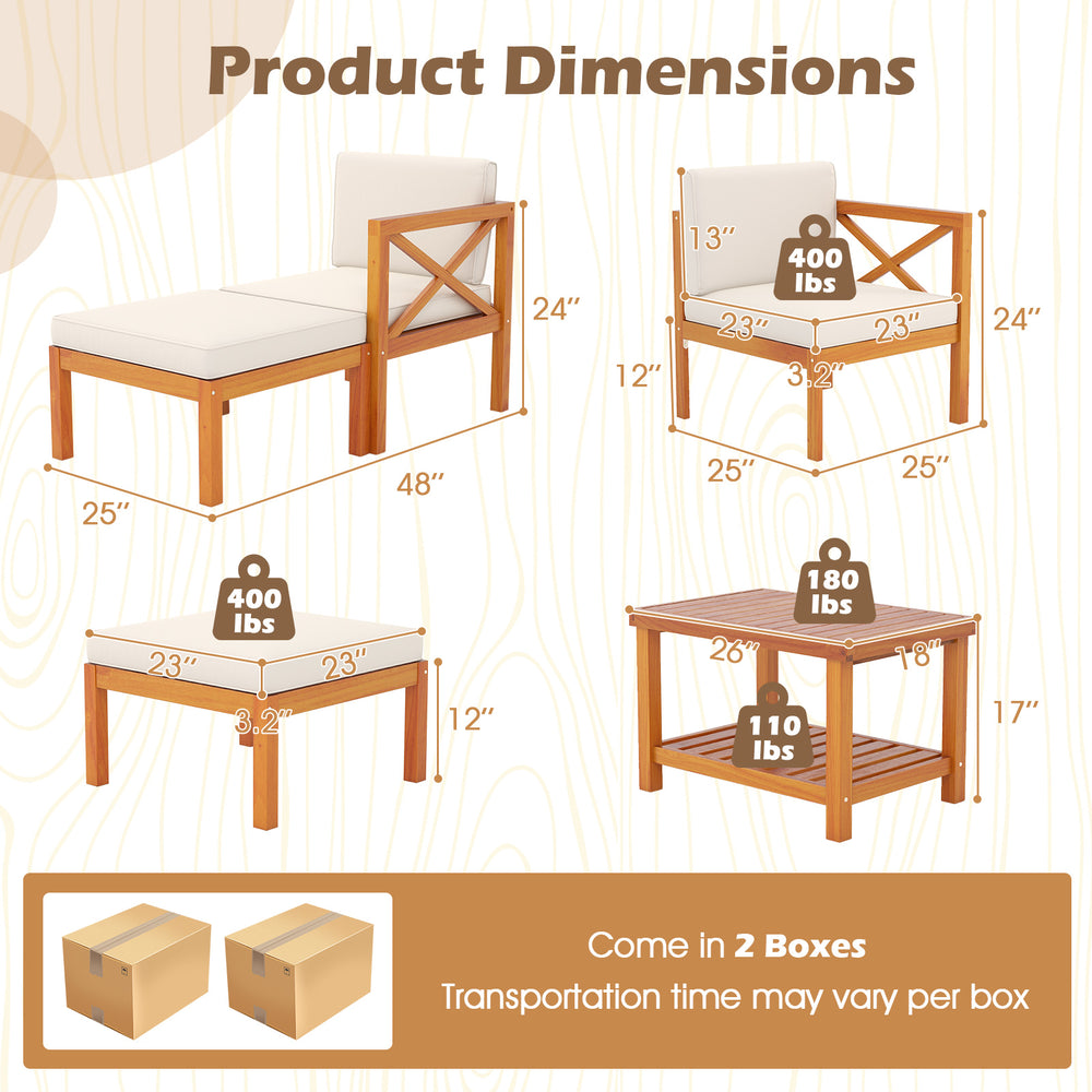 Product dimensions of the 5 Pieces Acacia Wood Patio Lounge Chair Set with Ottomans and Cushions for outdoor use.