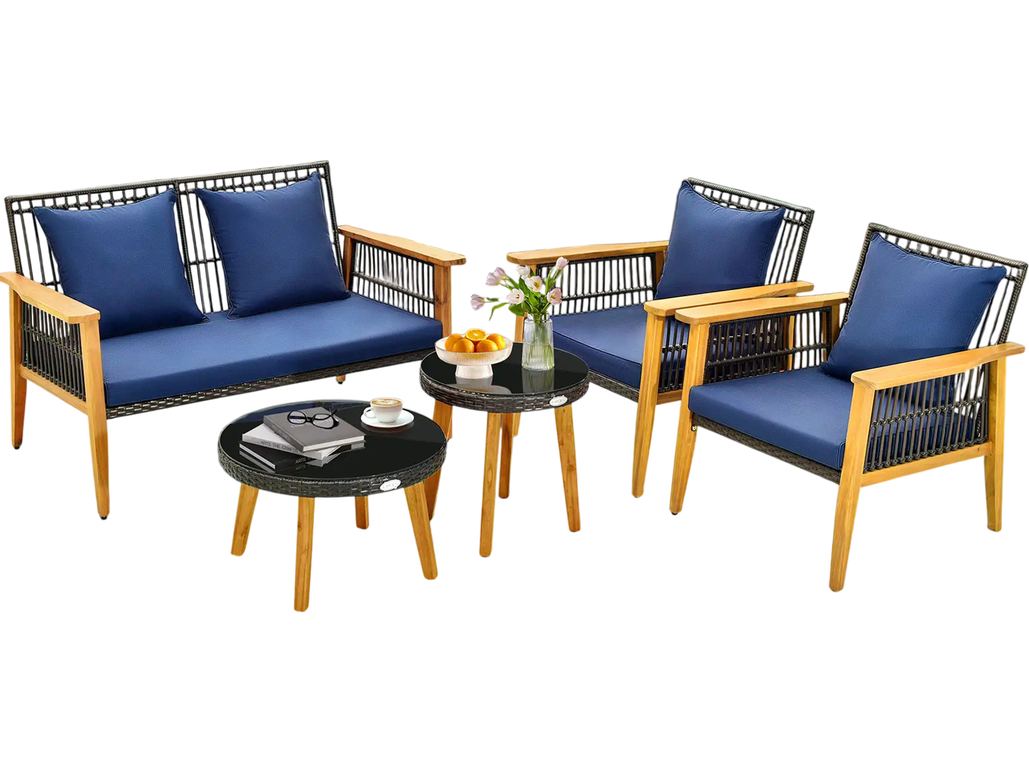 Costway 5-Piece Outdoor Patio Conversation Set w/ 2 Coffee Tables Navy 38167549 New