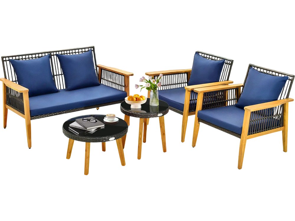 Acacia wood loveseat with navy cushions from a 5-piece outdoor conversation set, ideal for comfortable backyard.