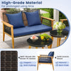 5-piece outdoor conversation set featuring a navy cushion loveseat and two coffee tables, ideal for backyard relaxation.