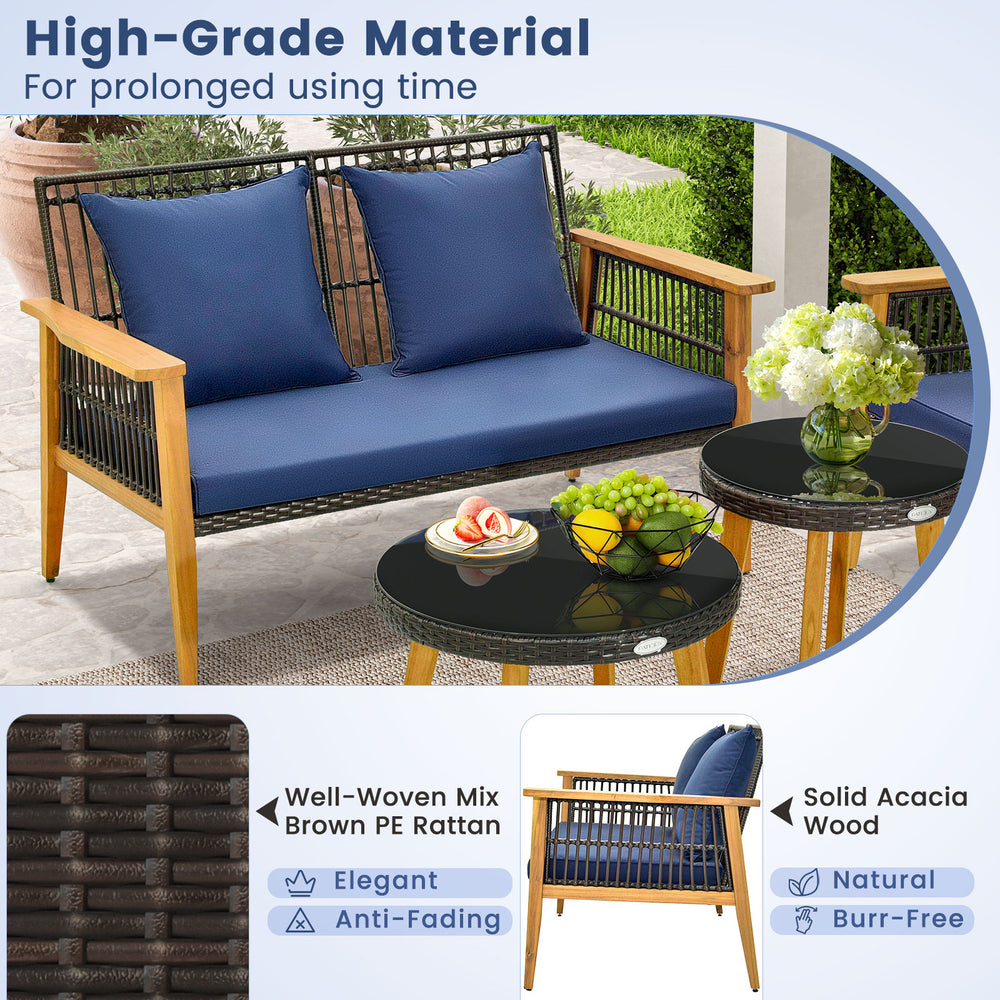 5-piece outdoor conversation set featuring a navy cushion loveseat and two coffee tables, ideal for backyard relaxation.