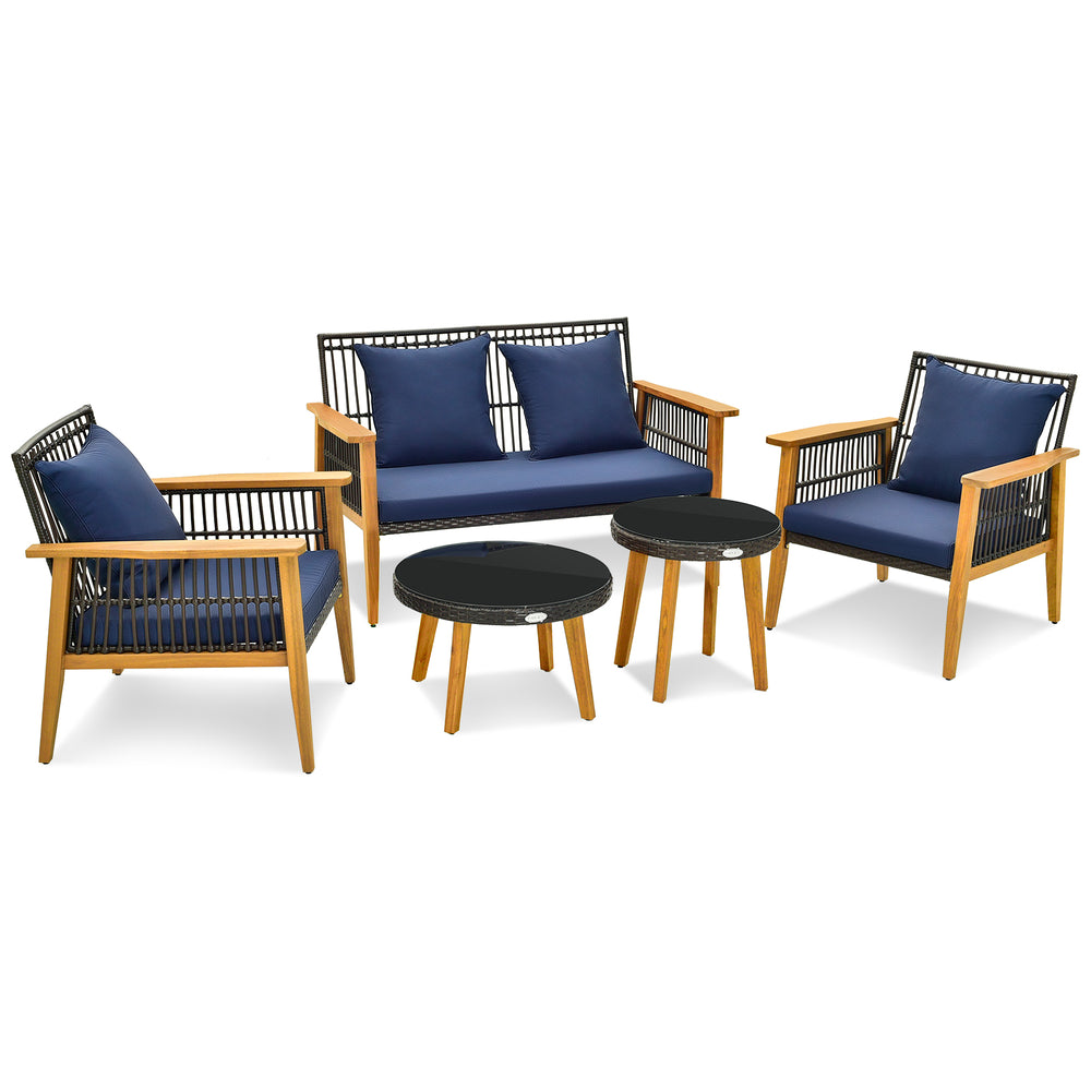 5-piece outdoor conversation set featuring navy cushions, acacia wood frame, and two coffee tables for backyard.
