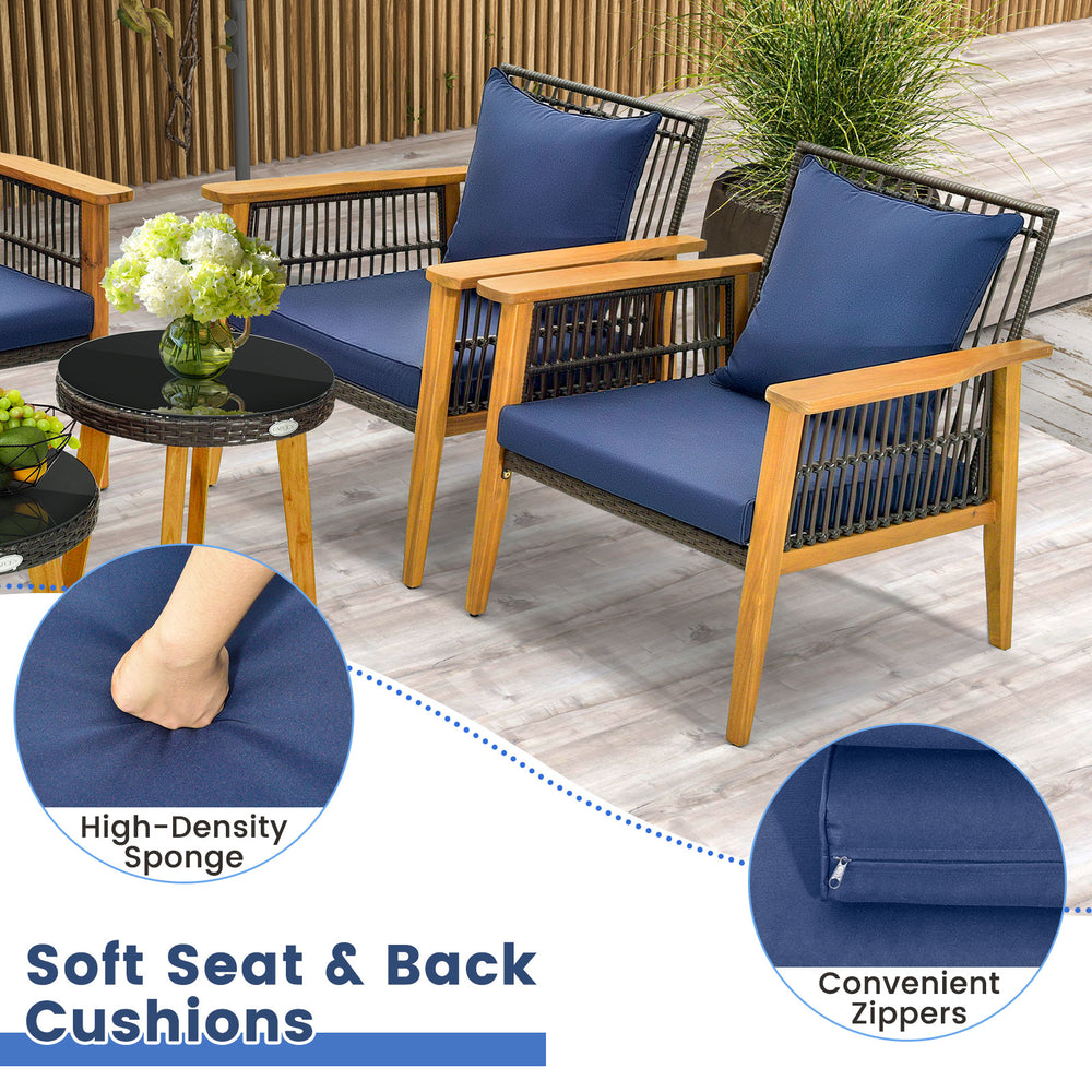 Two navy cushions on acacia wood chairs in a 5-piece outdoor conversation set for backyard and poolside relaxation.