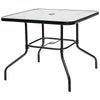 Square dining table with tempered glass top and sturdy steel frame, ideal for outdoor dining with 4 stackable chairs.