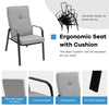 Stackable chair with high-back cushion, curved armrests, and anti-skid footpads for outdoor dining comfort.