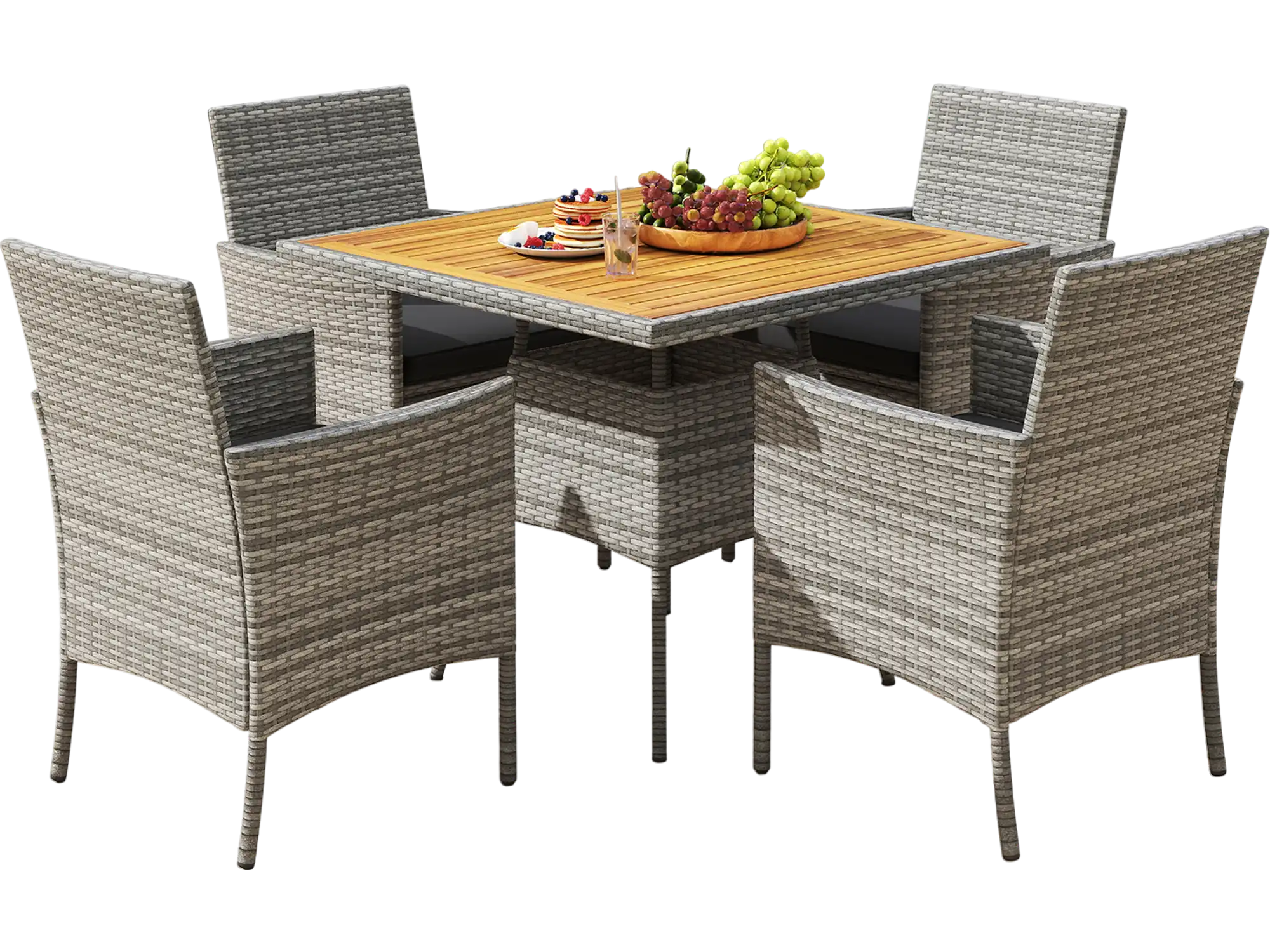 Costway 5-Pc PE Wicker Patio Dining Set Acacia Wood Table Chairs Black 247361958 New