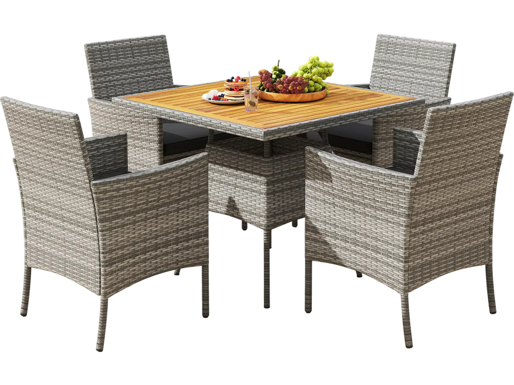 5-piece PE wicker patio dining set featuring an acacia wood table and comfortable chairs, perfect for outdoor dining.