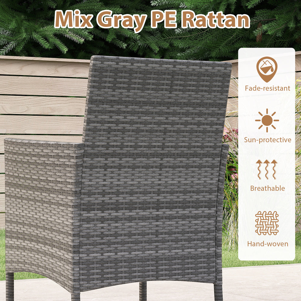 Mix gray PE rattan dining chair with inclined backrest and curved armrests, ideal for outdoor patio use.