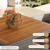 Close-up of the solid acacia wood table surface from the 5-piece PE wicker patio dining set, showcasing its natural.