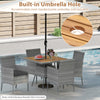 5-piece PE wicker patio dining set featuring an acacia wood table with a built-in 1.97" umbrella hole for outdoor use.