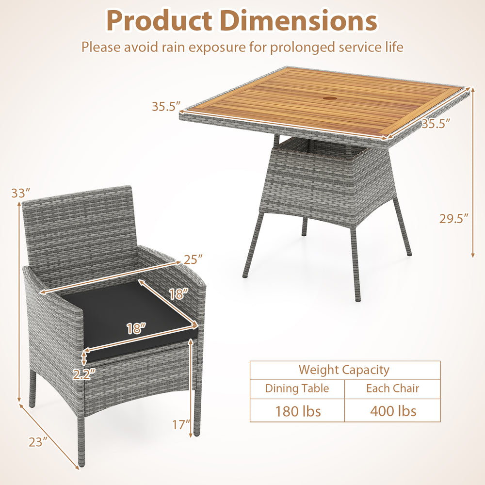 Dimensions of the 5-piece PE wicker patio dining set with acacia wood table and chairs, ideal for outdoor use.