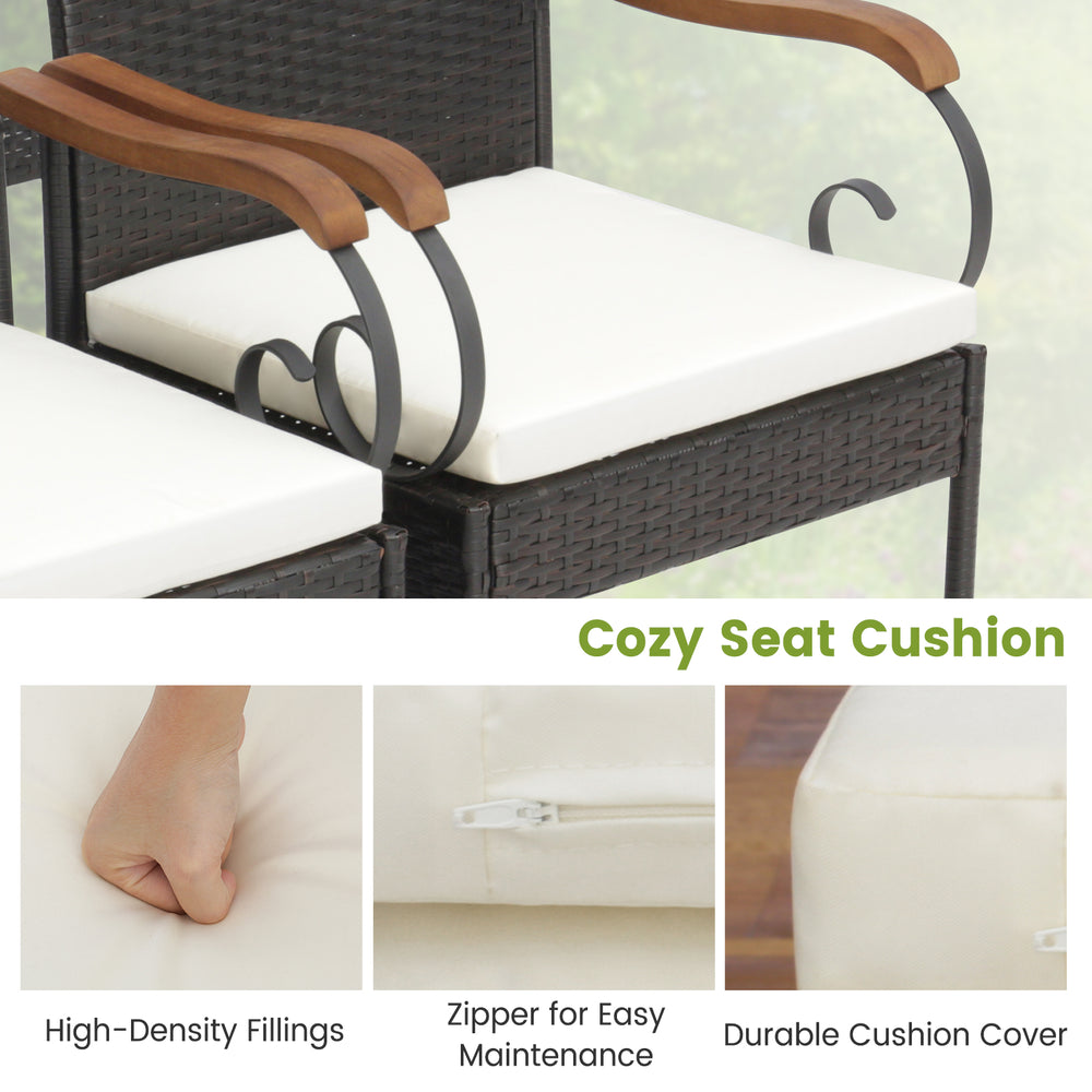 Cozy seat cushion with high-density fillings and zipper for easy maintenance on a patio rattan dining set.