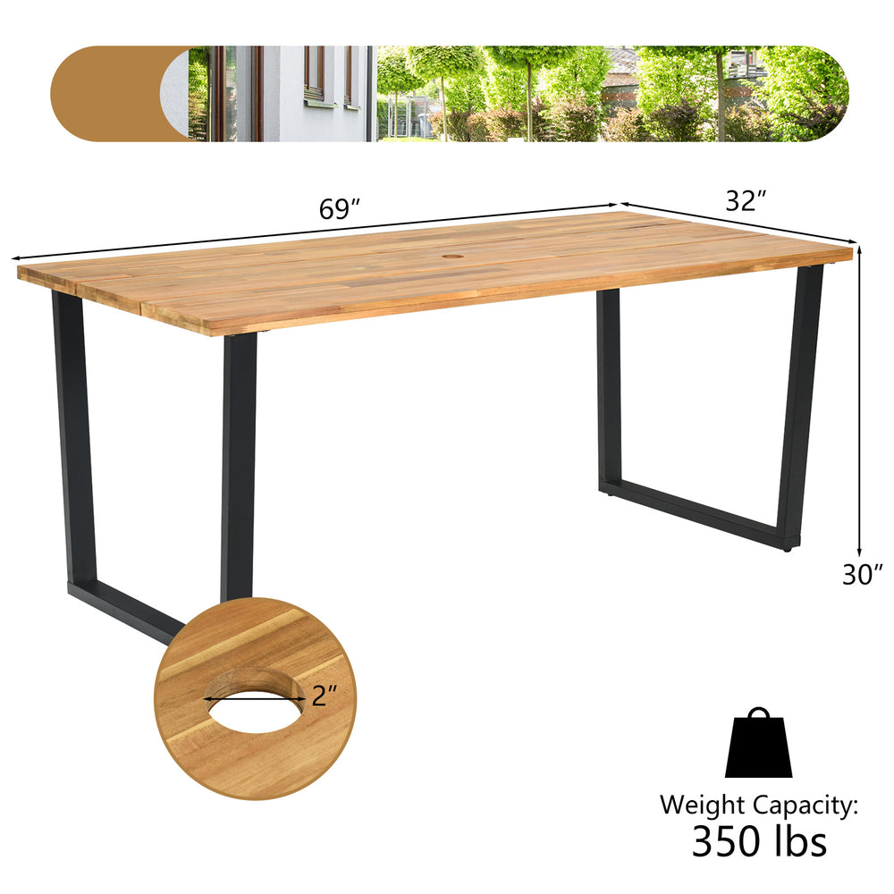 Patio dining table with acacia wood top, 2" umbrella hole, and sturdy metal frame, ideal for poolside or backyard use.