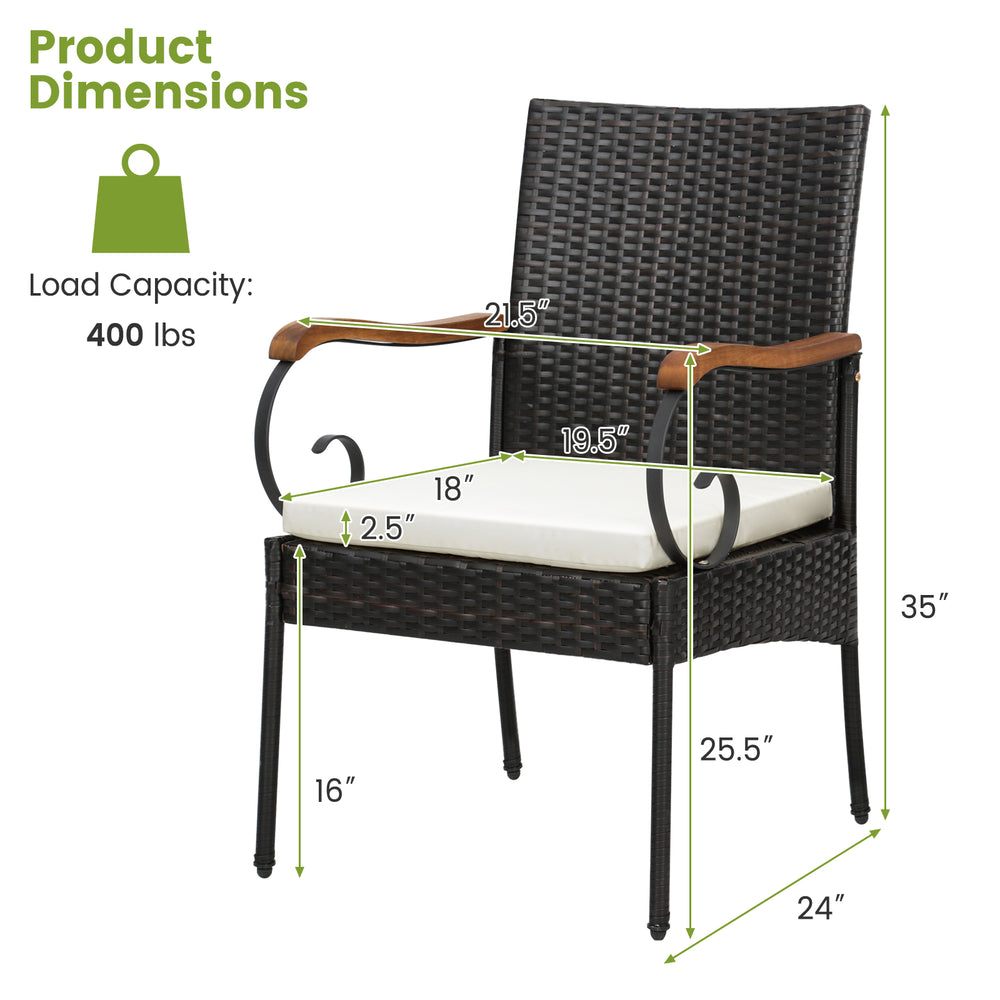 Single chair from the 5 Pieces Patio Rattan Dining Set, featuring PE rattan, acacia wood armrests, and a 400 lbs.