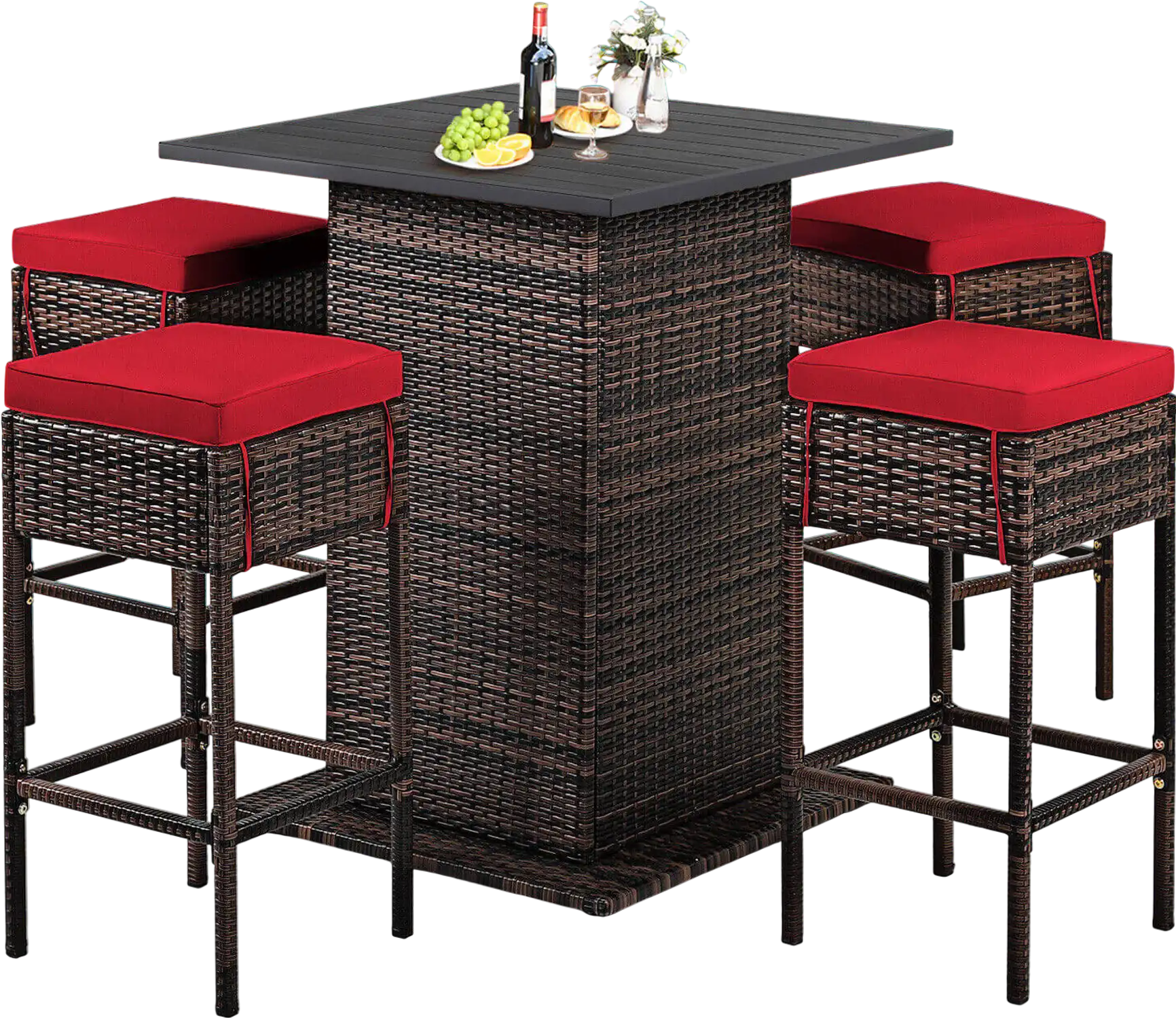 Costway 5-Pc Patio Rattan Bar Table Stool Set Cushioned Red 27658304 New