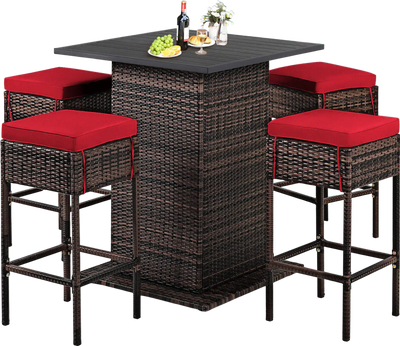 Costway 5-Pc Patio Rattan Bar Table Stool Set Cushioned Red 27658304 New