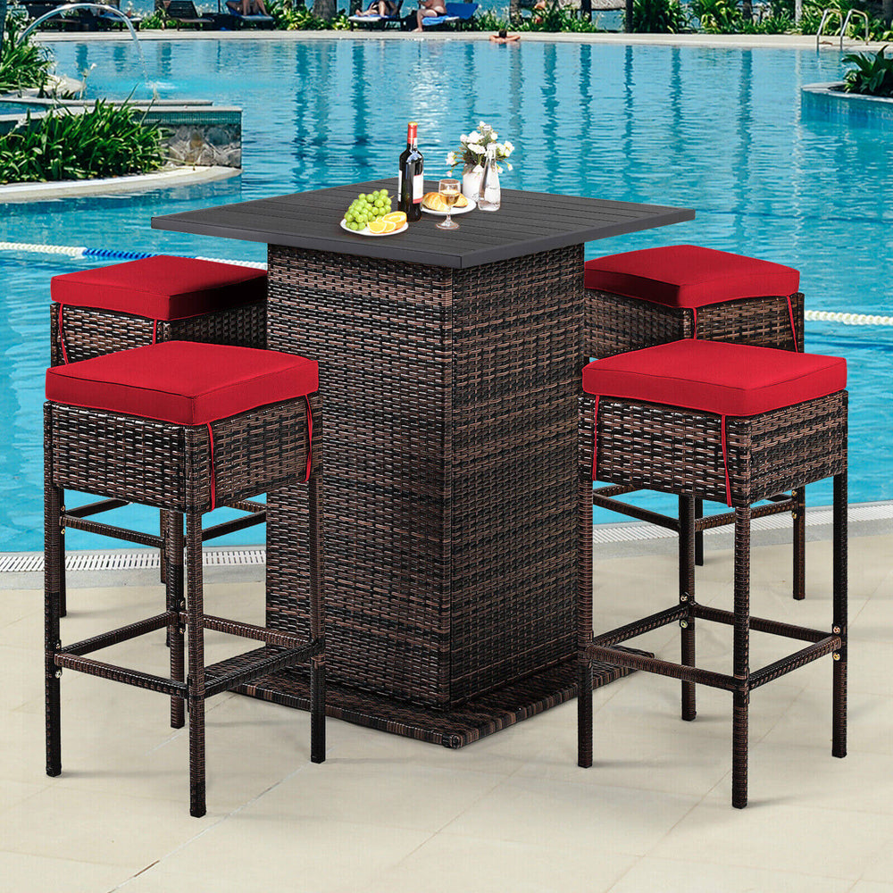 5 Pieces Patio Rattan Bar Table Stool Set Hidden Storage Shelf Cushioned-Red - Gallery View 1 of 10